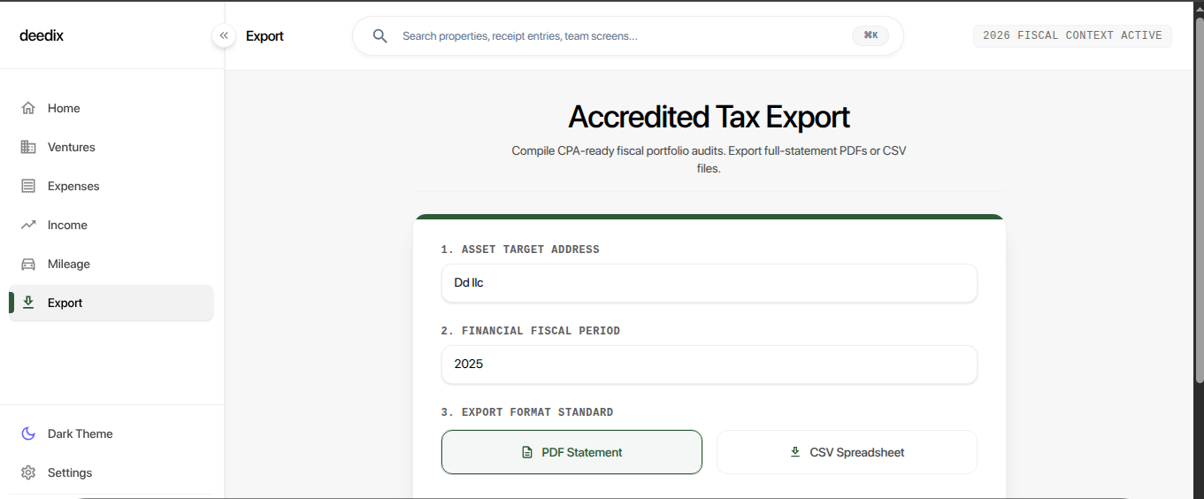 Tax export preview in Deedix