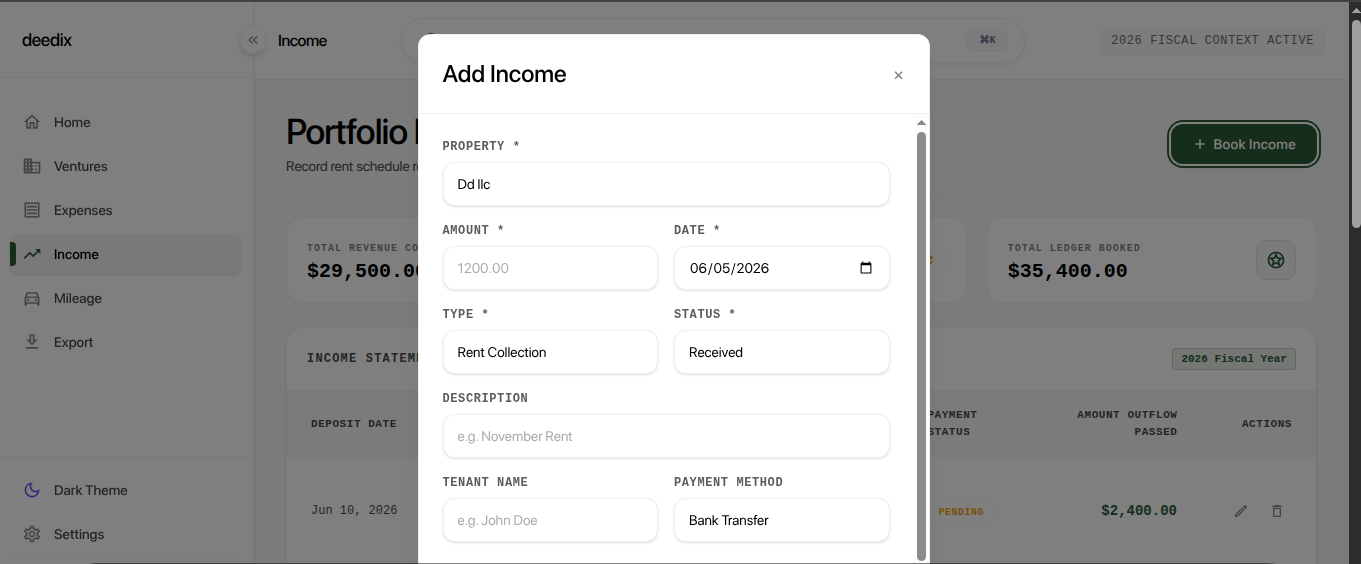 Income tracking in Deedix